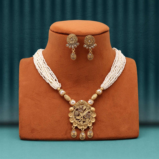 Royal Gold Color Matte Gold Necklace Set With Artistic Filigree Detailing For Occasions