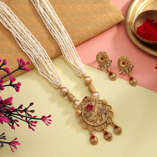 Exquisite Rani Color Matte Gold Necklace Set Featuring Handcrafted Meena Art And Stones