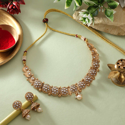 Pure Gold Color Matte Gold Necklace Set Featuring Unique Floral Engraved Pendant Design