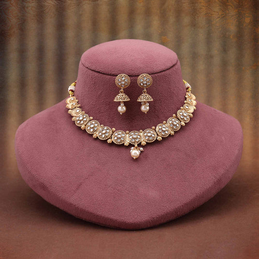 Pure Gold Color Matte Gold Necklace Set Featuring Unique Floral Engraved Pendant Design