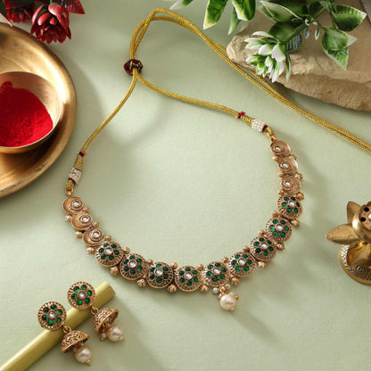 Stylish Green Color Matte Gold Necklace Set With Meena Work And Kundan Inspired Accents
