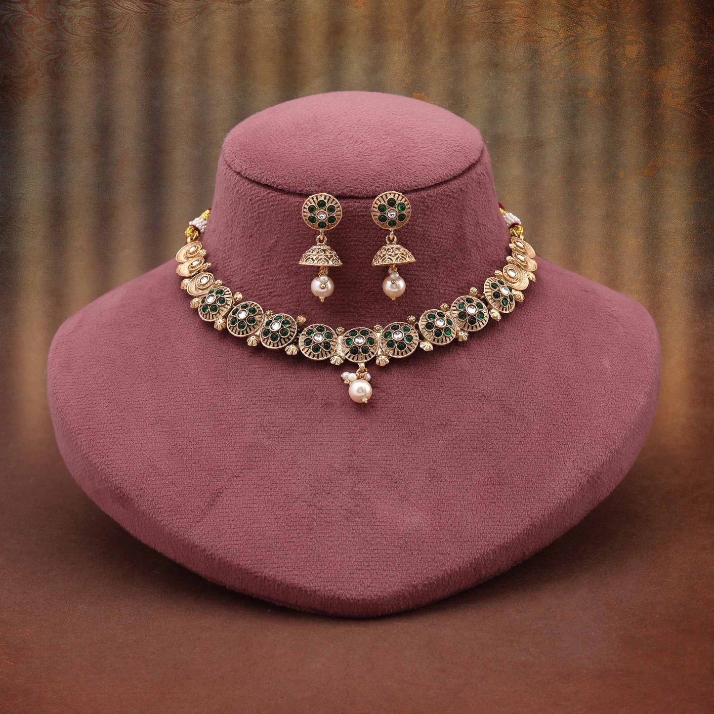 Stylish Green Color Matte Gold Necklace Set With Meena Work And Kundan Inspired Accents