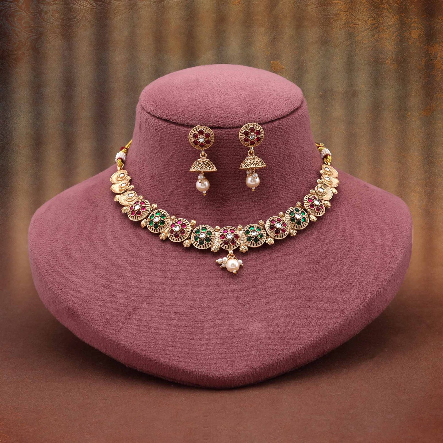 Elegant Rani And Green Color Matte Gold Necklace Set Ideal For Weddings And Traditional Events