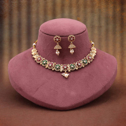 Elegant Rani And Green Color Matte Gold Necklace Set Ideal For Weddings And Traditional Events