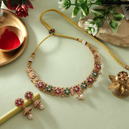 Elegant Rani And Green Color Matte Gold Necklace Set Ideal For Weddings And Traditional Events