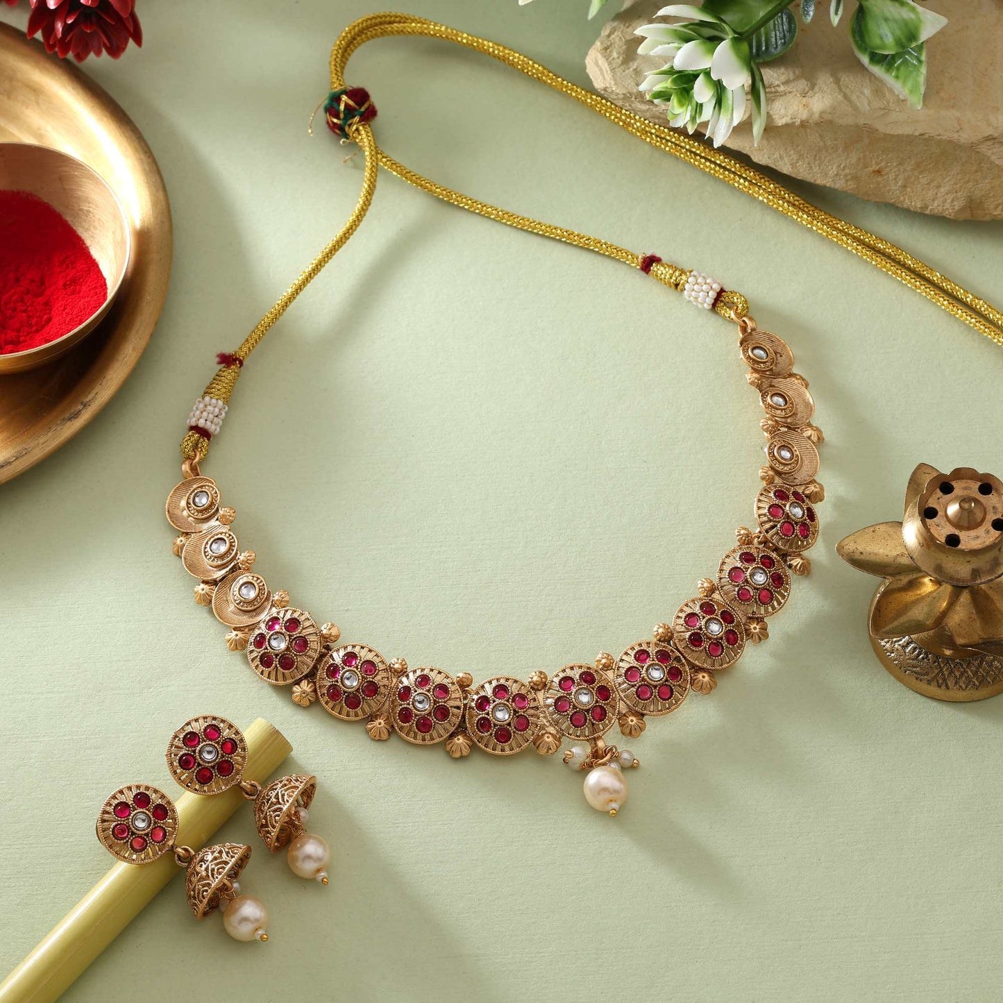 Charming Rani Color Matte Gold Necklace Set Crafted With Royal Look And Antique Finish