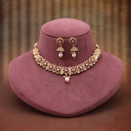 Charming Rani Color Matte Gold Necklace Set Crafted With Royal Look And Antique Finish