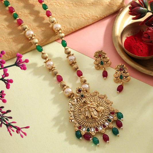 Traditional Rani And Green Color Matte Gold Necklace Set Adorned With Polki And Meena Art