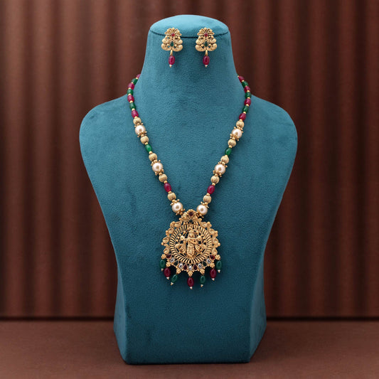 Traditional Rani And Green Color Matte Gold Necklace Set Adorned With Polki And Meena Art