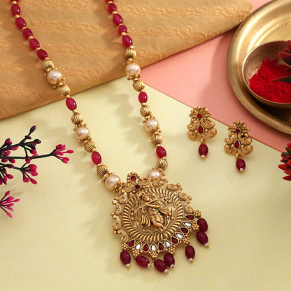 Elegant Rani Color Matte Gold Necklace Set With Exquisite Handcrafted Stone Setting Design