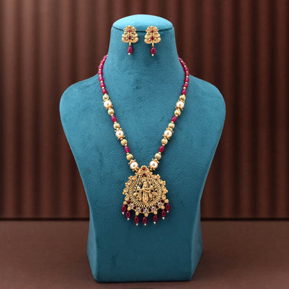 Elegant Rani Color Matte Gold Necklace Set With Exquisite Handcrafted Stone Setting Design