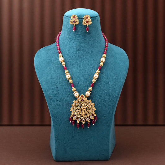 Elegant Rani Color Matte Gold Necklace Set With Exquisite Handcrafted Stone Setting Design