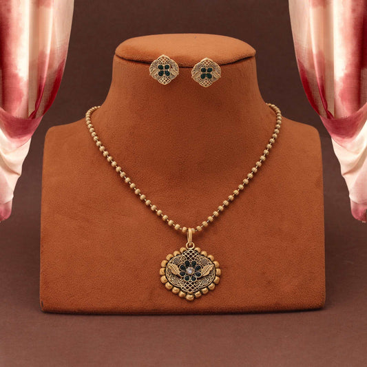 Exquisite Green Color Matte Gold Necklace Set Inspired By Traditional South Indian Jewelry