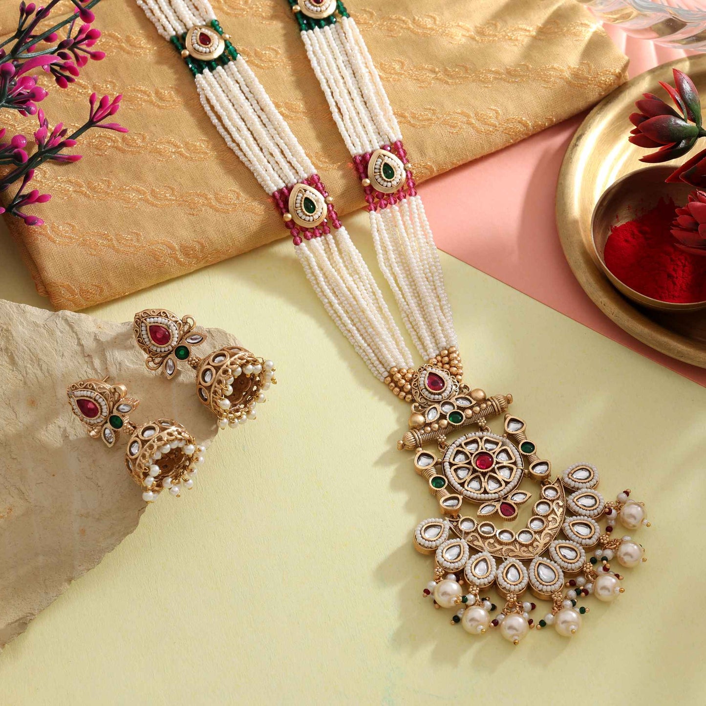 Charming Rani And Green Color Matte Gold Necklace Set Featuring Artistic Antique Polish Work