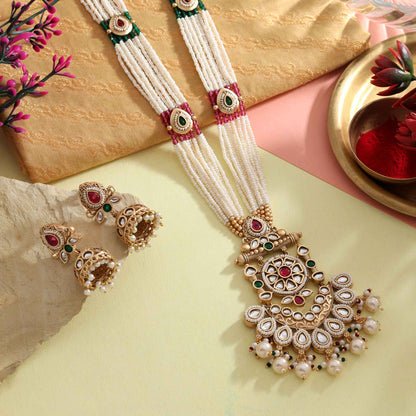 Charming Rani And Green Color Matte Gold Necklace Set Featuring Artistic Antique Polish Work