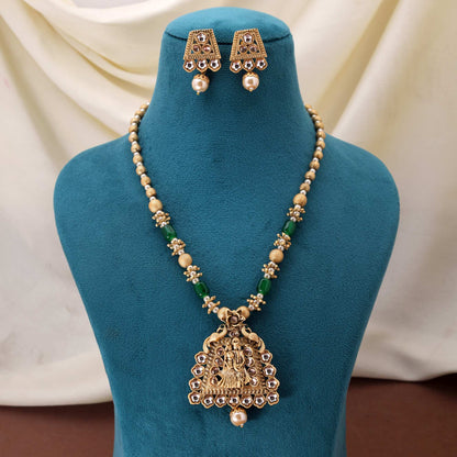 Elegant Green Color Matte Gold Necklace Set With Floral Charm And Decorative Beaded Chains