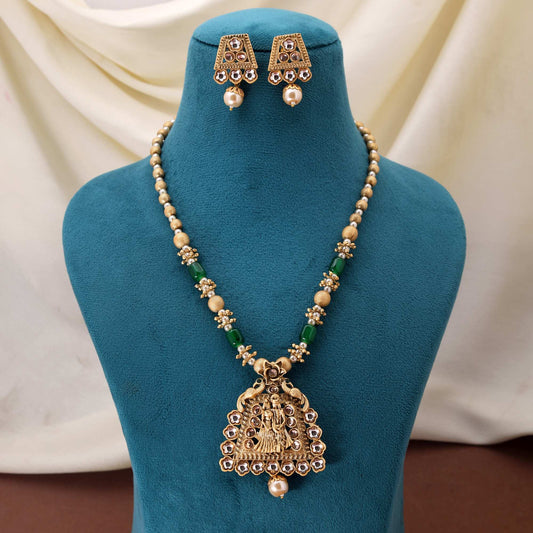 Elegant Green Color Matte Gold Necklace Set With Floral Charm And Decorative Beaded Chains