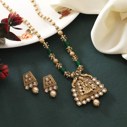 Elegant Green Color Matte Gold Necklace Set With Floral Charm And Decorative Beaded Chains