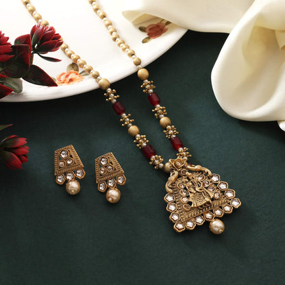Majestic Maroon Color Matte Gold Necklace Set Designed With Traditional Temple Inspired Art