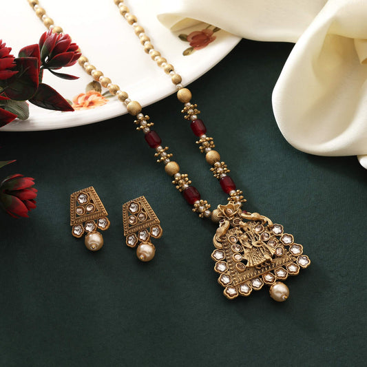 Majestic Maroon Color Matte Gold Necklace Set Designed With Traditional Temple Inspired Art