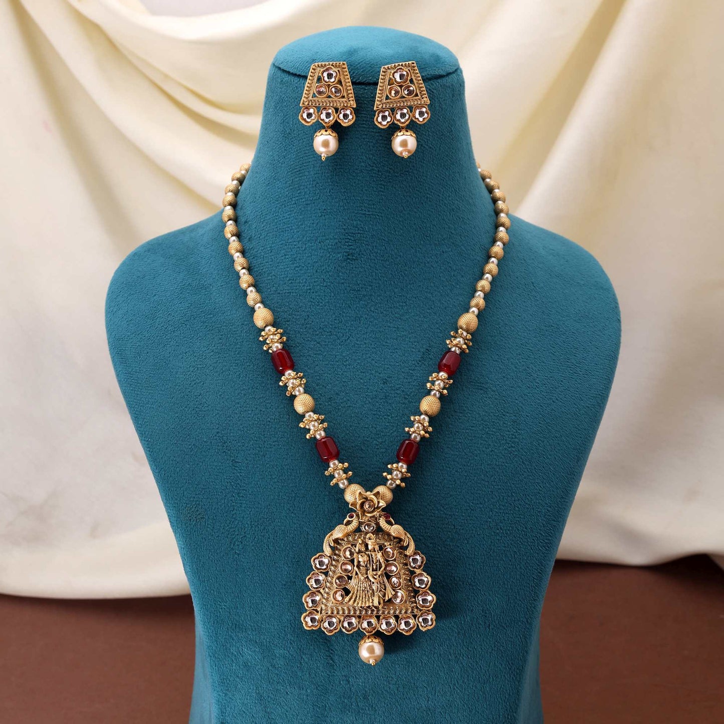 Majestic Maroon Color Matte Gold Necklace Set Designed With Traditional Temple Inspired Art