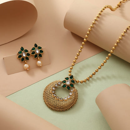 Gorgeous Green Color Matte Gold Necklace Set Crafted With Kundan Stones And Artistic Embellishments