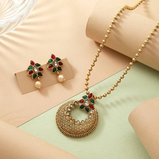 Ornate Rani And Green Color Matte Gold Necklace Set For Wedding, Festival, And Celebration Wear