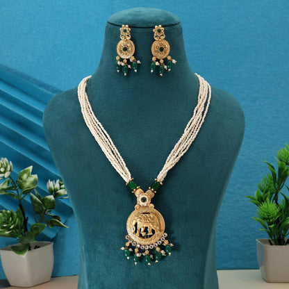 Classic Green Color Matte Gold Necklace Set With Meenakari Work Design
