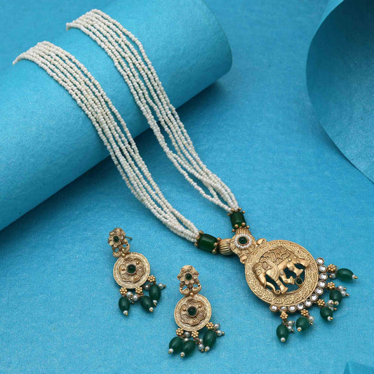 Classic Green Color Matte Gold Necklace Set With Meenakari Work Design