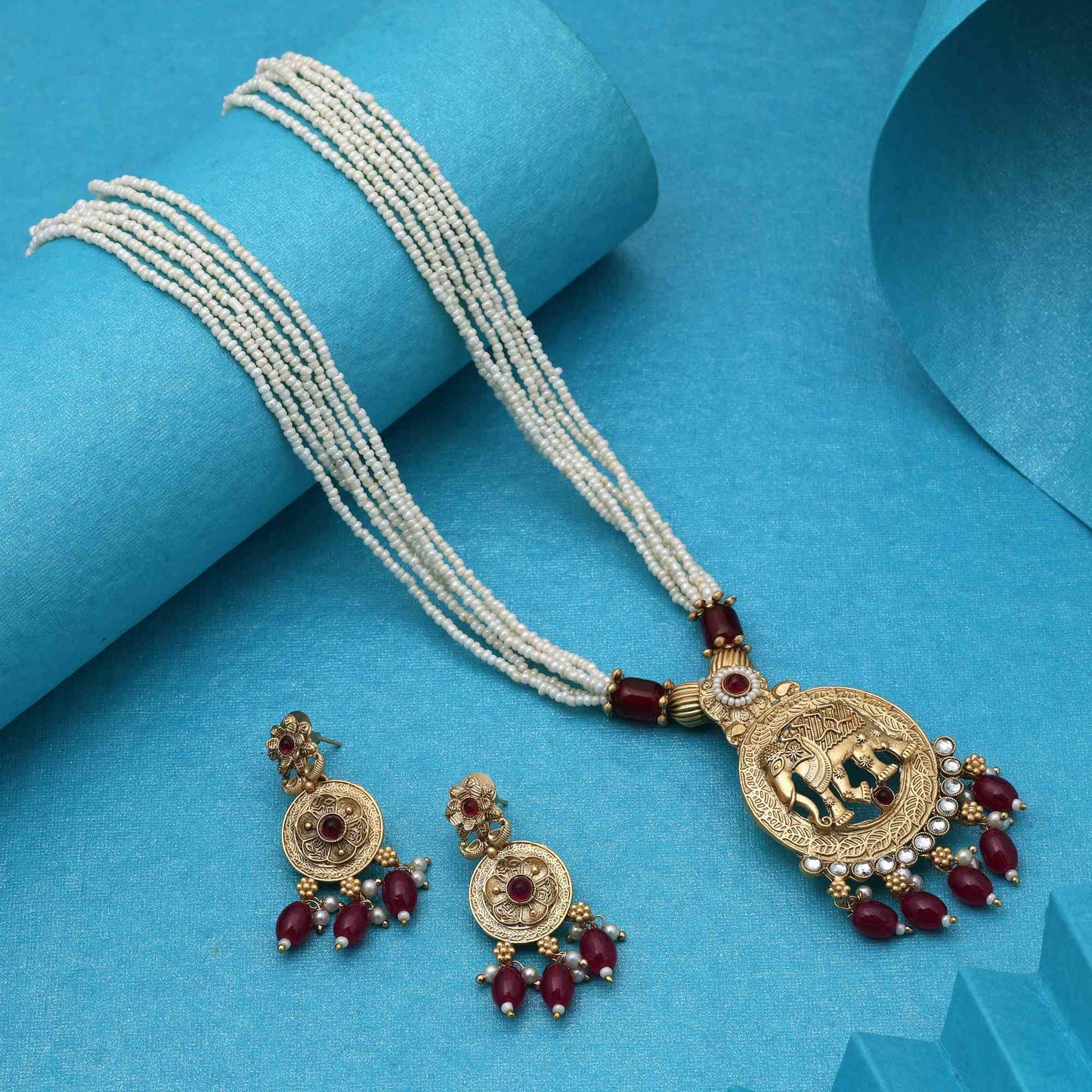 Gorgeous Rani Color Matte Gold Necklace Set For Festivals And Weddings