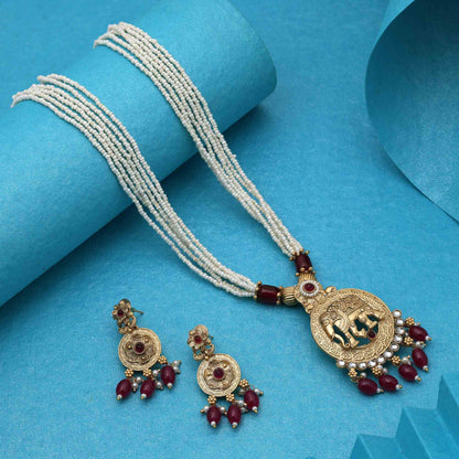 Gorgeous Rani Color Matte Gold Necklace Set For Festivals And Weddings