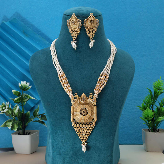 Premium Gold Color Matte Gold Necklace Set For Brides And Ethnic Looks