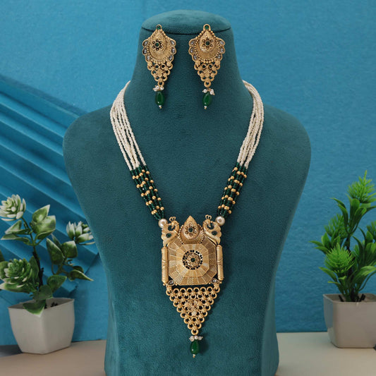 Stylish Green Color Matte Gold Necklace Set With Handcrafted Meenakari Finish