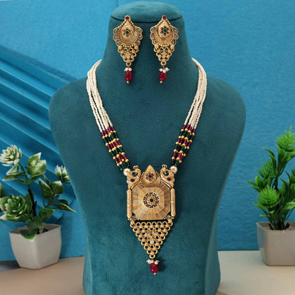 Exquisite Rani & Green Color Matte Gold Necklace Set For Wedding Occasions