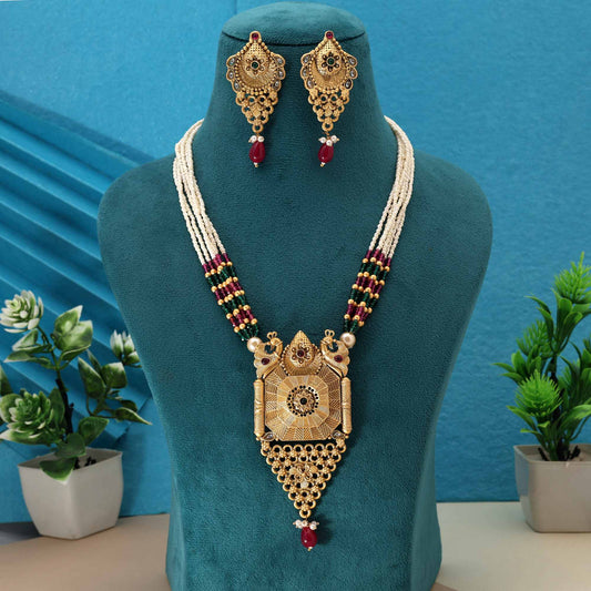 Exquisite Rani & Green Color Matte Gold Necklace Set For Wedding Occasions