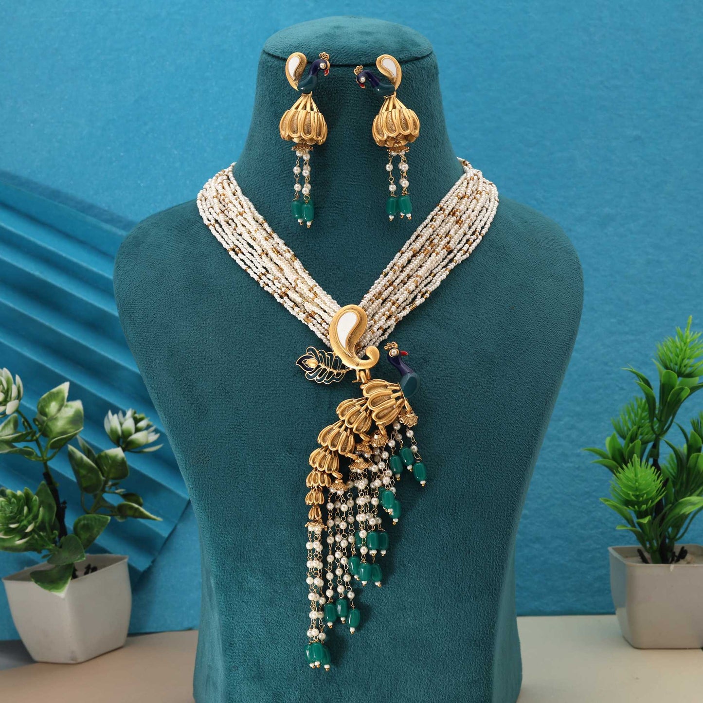 Green Color Meena Work Peacock Inspired Matte Gold Necklace Set For Women