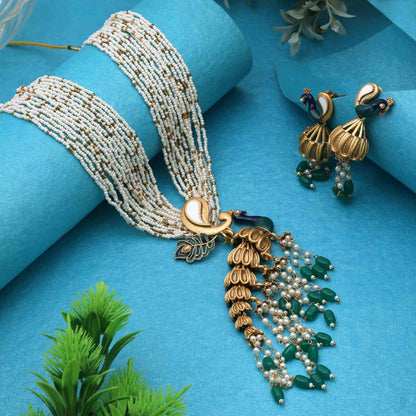 Green Color Meena Work Peacock Inspired Matte Gold Necklace Set For Women