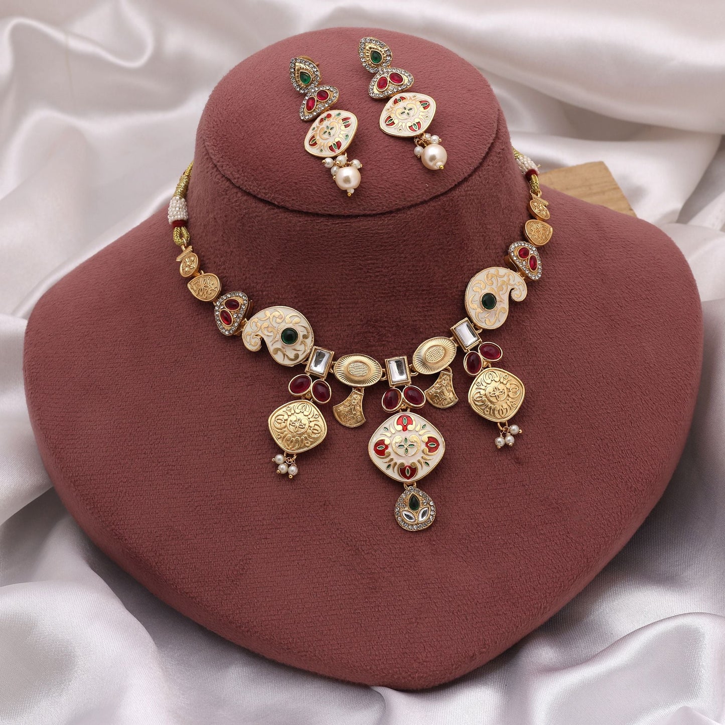 Multi Color Meena Work Matte Gold Necklace Set Inspired By Traditional Handcrafted Festive Jewelry