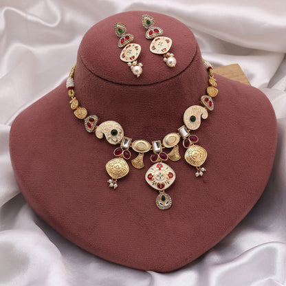 Multi Color Meena Work Matte Gold Necklace Set Inspired By Traditional Handcrafted Festive Jewelry
