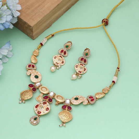Multi Color Meena Work Matte Gold Necklace Set Inspired By Traditional Handcrafted Festive Jewelry