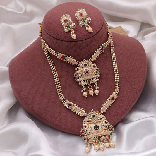 Rani & Green Color Matte Gold Necklace Set Crafted For Grand Festive Celebrations