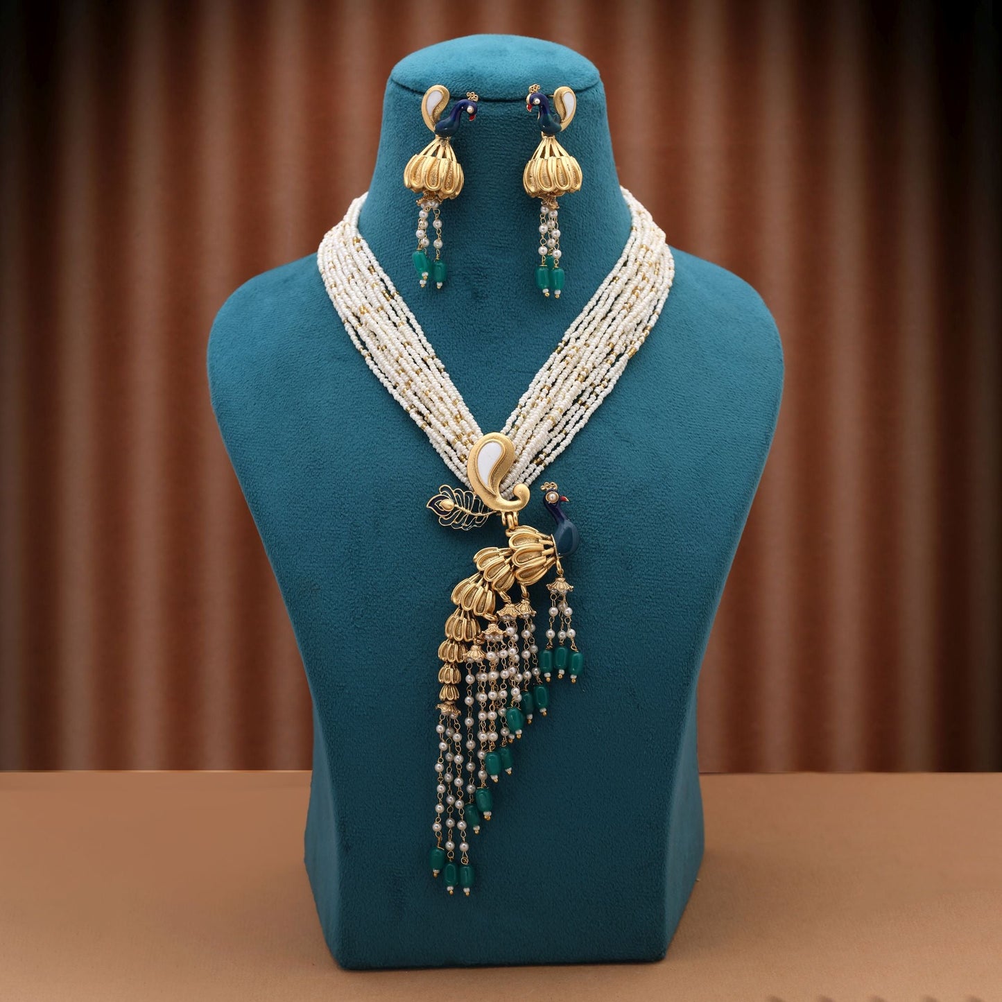 Green Color Peacock Inspired Matte Gold Necklace Set For Elegant Traditional Festive Styling