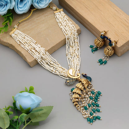 Green Color Peacock Inspired Matte Gold Necklace Set For Elegant Traditional Festive Styling