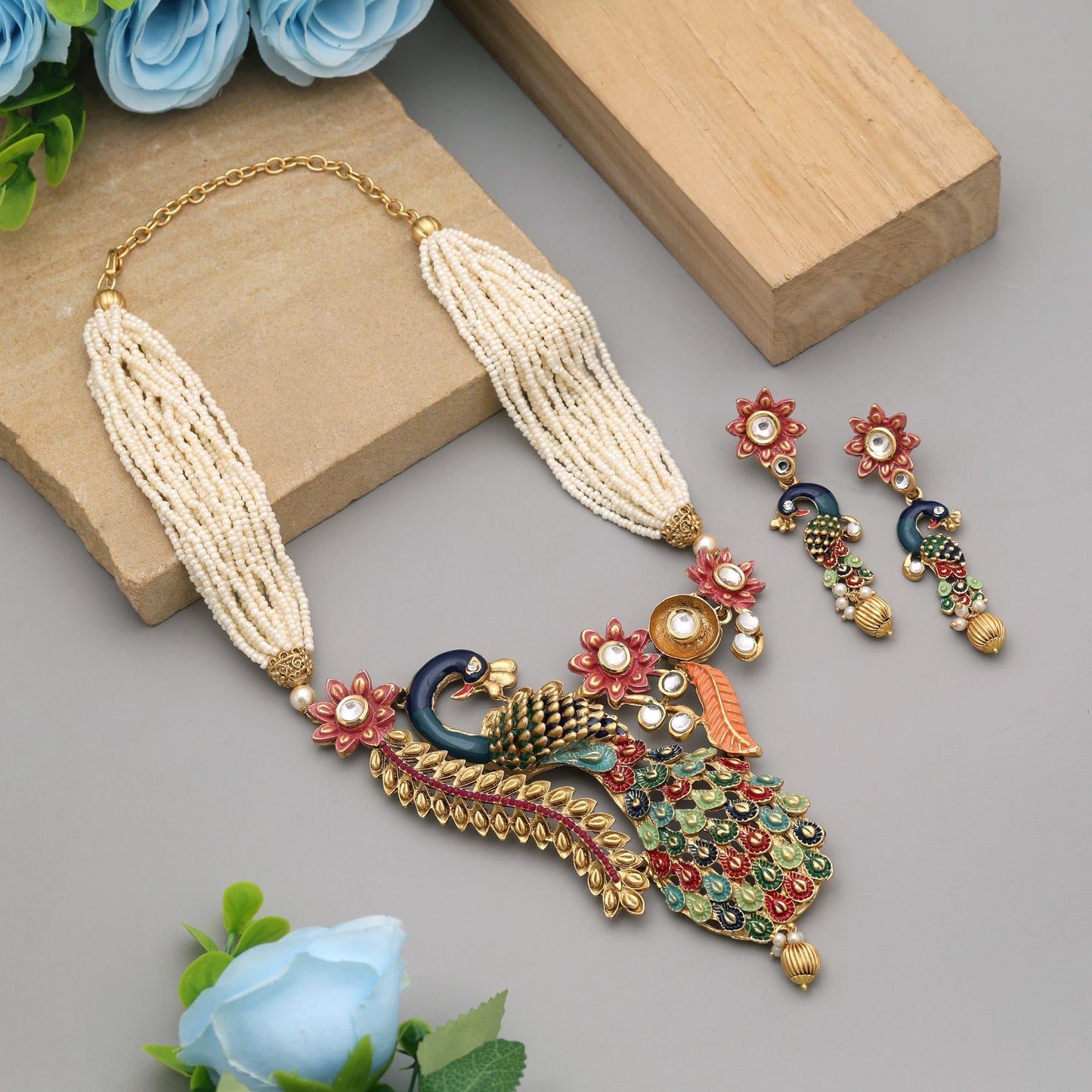 Multi Color Peacock Inspired Matte Gold Necklace Set With Royal Ethnic Design Appeal