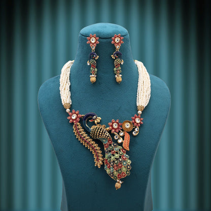 Multi Color Peacock Inspired Matte Gold Necklace Set With Royal Ethnic Design Appeal
