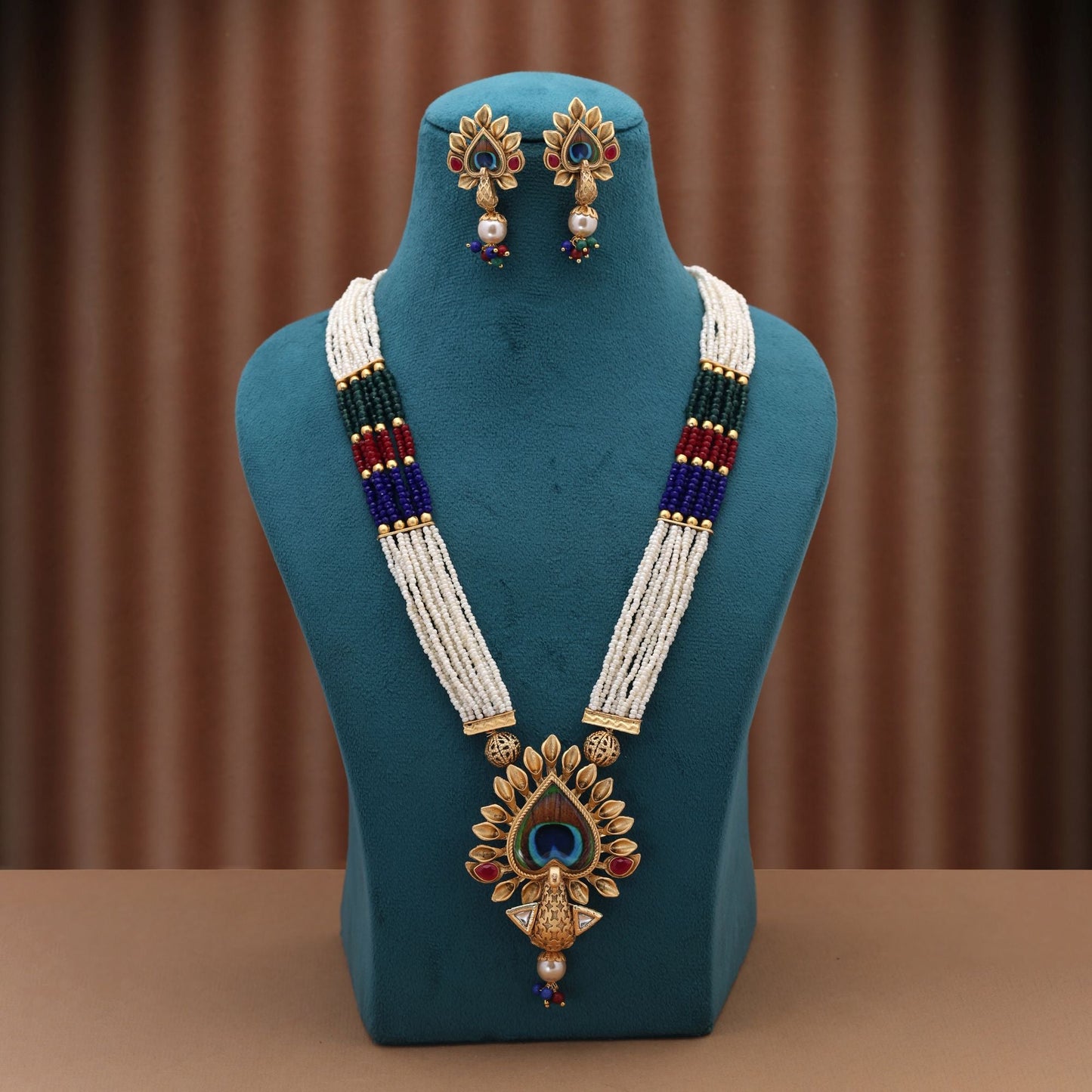 Multi Color Peacock Feather Matte Gold Necklace Set Inspired By Heritage Craftsmanship