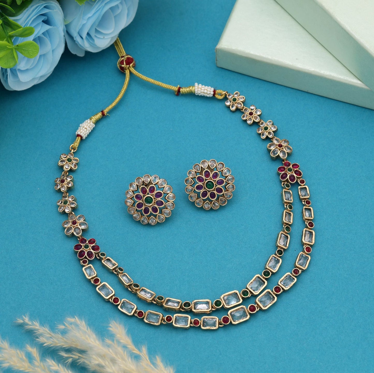 Rani & Green Color Matte Gold Necklace Set Designed For Wedding And Festive Wear