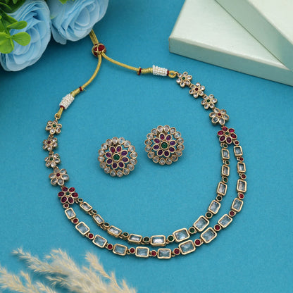 Rani & Green Color Matte Gold Necklace Set Designed For Wedding And Festive Wear