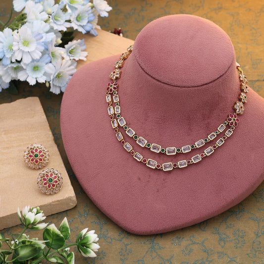 Rani & Green Color Matte Gold Necklace Set Designed For Wedding And Festive Wear