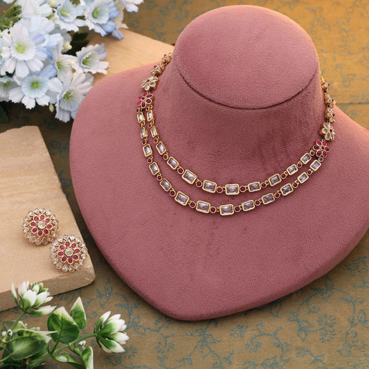 Rani Color Matte Gold Necklace Set Showcasing Classic Indian Traditional Jewelry Artistry